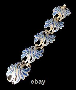 Margot de Taxco Mexican Sterling Silver Blue Melange Enamel Curved Leaf Bracelet