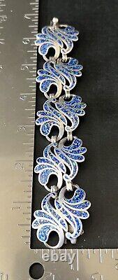 Margot de Taxco Mexican Sterling Silver Blue Melange Enamel Curved Leaf Bracelet