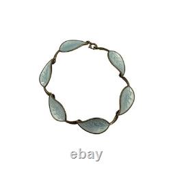 Meka Bracelet Enamel 7.5 Light Blue Gray Leaf Guilloche Sterling Denmark Vintage