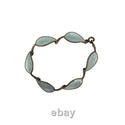 Meka Bracelet Enamel 7.5 Light Blue Gray Leaf Guilloche Sterling Denmark Vintage