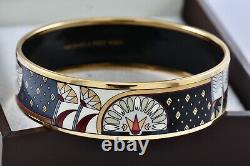 Michaela Frey Wien Vintage Blue Floral Enamel Gold Plated Wide Bangle Bracelet