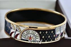 Michaela Frey Wien Vintage Blue Floral Enamel Gold Plated Wide Bangle Bracelet