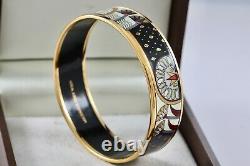 Michaela Frey Wien Vintage Blue Floral Enamel Gold Plated Wide Bangle Bracelet