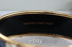 Michaela Frey Wien Vintage Blue Floral Enamel Gold Plated Wide Bangle Bracelet