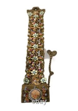 Michal Negrin Rhinestone Enamel Lace Light Blue Flowered Bracelet Handmade EUC