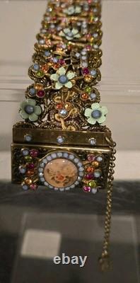 Michal Negrin Rhinestone Enamel Lace Light Blue Flowered Bracelet Handmade EUC