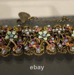 Michal Negrin Rhinestone Enamel Lace Light Blue Flowered Bracelet Handmade EUC