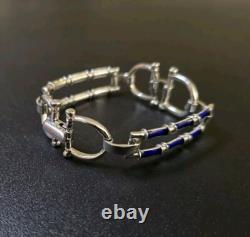 Mid-Century Horsebit 800 Silver Blue Enamel Bracelet