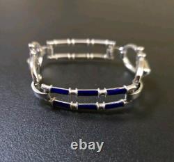 Mid-Century Horsebit 800 Silver Blue Enamel Bracelet