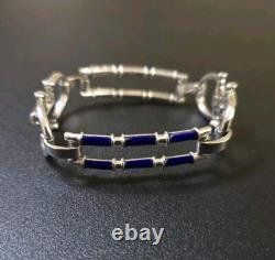 Mid-Century Horsebit 800 Silver Blue Enamel Bracelet