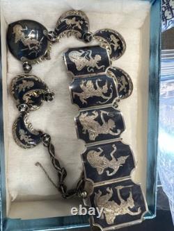 Midnight Blue Black Enamel Sterling Silver Siam Necklace Bracelet Set