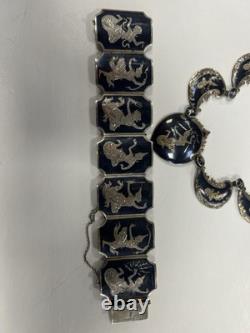 Midnight Blue Black Enamel Sterling Silver Siam Necklace Bracelet Set