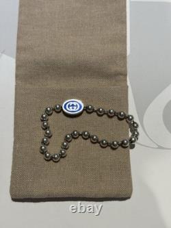 NEW GUCCI Sterling Silver Enamel G Bead Bracelet Blue SZ 18.925