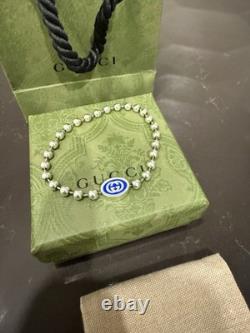 NEW GUCCI Sterling Silver Enamel G Bead Bracelet Blue SZ 18.925