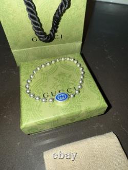NEW GUCCI Sterling Silver Enamel G Bead Bracelet Blue SZ 18.925