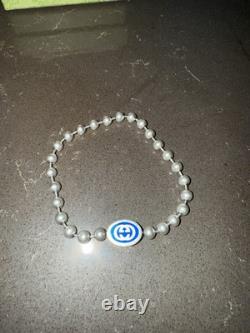 NEW GUCCI Sterling Silver Enamel G Bead Bracelet Blue SZ 18.925
