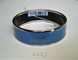 NWT Hermes Caleche Blue Enamel Palladium Plated Wide Bangle Bracelet Size 62
