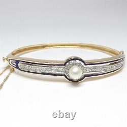 NYJEWEL 14k Two Tone Gold Pearl 0.5ct Diamond Blue Enamel Bangle Bracelet 6.25