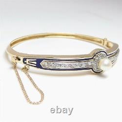 NYJEWEL 14k Two Tone Gold Pearl 0.5ct Diamond Blue Enamel Bangle Bracelet 6.25