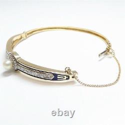 NYJEWEL 14k Two Tone Gold Pearl 0.5ct Diamond Blue Enamel Bangle Bracelet 6.25