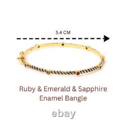 Natural Ruby Blue Enamel Bangle Bracelet 18K Gold Plated 925 Sterling Silver