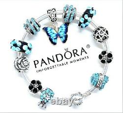 New Authentic Pandora Silver Bracelet Blue Love Butterfly Heart European Charms