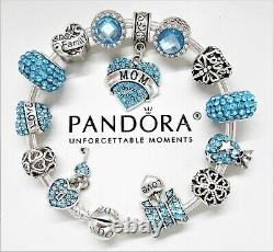 New Authentic Pandora Silver Bracelet With Blue Mom Love Family European Charms