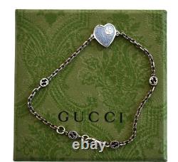 New GUCCI Sterling Silver Interlocking G Blue Enamel HEART Bracelet IT-18 US-8