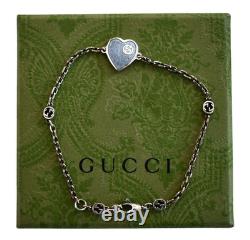 New GUCCI Sterling Silver Interlocking G Blue Enamel HEART Bracelet IT-18 US-8