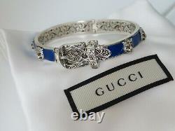 New Gucci Sterling Silver Blue Enamel Feline Head Buckle Bracelet, Gucci Garden
