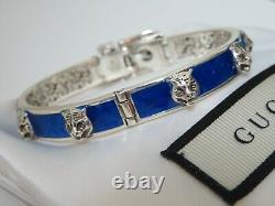 New Gucci Sterling Silver Blue Enamel Feline Head Buckle Bracelet, Gucci Garden