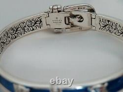 New Gucci Sterling Silver Blue Enamel Feline Head Buckle Bracelet, Gucci Garden