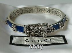 New Gucci Sterling Silver Blue Enamel Feline Head Buckle Bracelet, Gucci Garden