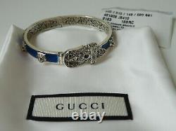 New Gucci Sterling Silver Blue Enamel Feline Head Buckle Bracelet, Gucci Garden