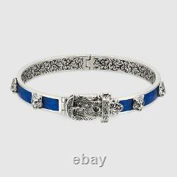 New Gucci Sterling Silver Blue Enamel Feline Head Buckle Bracelet, Gucci Garden