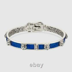 New Gucci Sterling Silver Blue Enamel Feline Head Buckle Bracelet, Gucci Garden