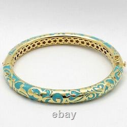 New Lauren G Adams Gold Turquoise Blue Enamel Hinged Bangle Bracelet With Pouch