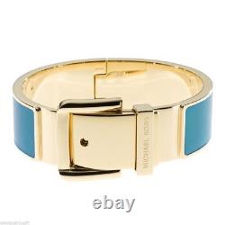 New Michael Kors Gold Wide Teal Blue Enamel Belt Buckle Bangle Bracelet-mkj2466