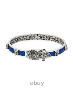 New Original Gucci Sterling Blue Enamel & Feline Head Bracelet YBA461908001017