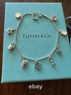 New TIFFANY & CO Sterling Silver Dangle Blue Enamel Charm Bracelet size medium