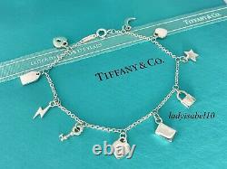 New Tiffany & Co Blue Enamel Mini Multi Charm 6.8 Bracelet Silver w Orig. Box
