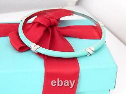 New Tiffany & Co Silver 925 Blue Enamel Signature Bangle Bracelet 7.5 Box Pouch