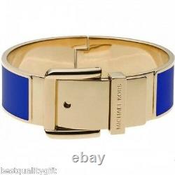 New-michael Kors Gold Tone Wide Blue Enamel Hinge Belt Buckle Bangle Bracelet
