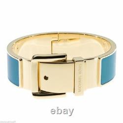 New-michael Kors Gold Tone Wide Blue Enamel Hinge Belt Buckle Bangle Bracelet