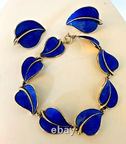 Norway 2pc Set Blue Enamel Over Sterling Silver Leafy Bracelet & Earrings