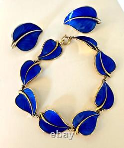 Norway 2pc Set Blue Enamel Over Sterling Silver Leafy Bracelet & Earrings