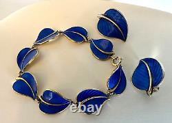 Norway 2pc Set Blue Enamel Over Sterling Silver Leafy Bracelet & Earrings