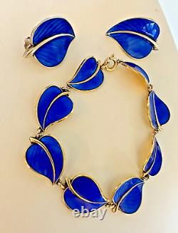 Norway 2pc Set Blue Enamel Over Sterling Silver Leafy Bracelet & Earrings