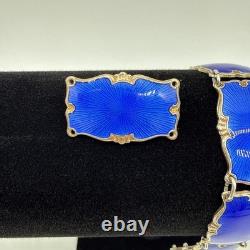 Norway Sterling Silver Royal Blue Enamel Guilloche Panel Bracelet & Pin (READ)