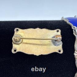 Norway Sterling Silver Royal Blue Enamel Guilloche Panel Bracelet & Pin (READ)